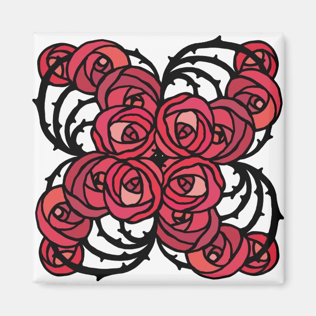 Imã Art Nouveau Floral, vermelho e rosa preto, design (Frente)