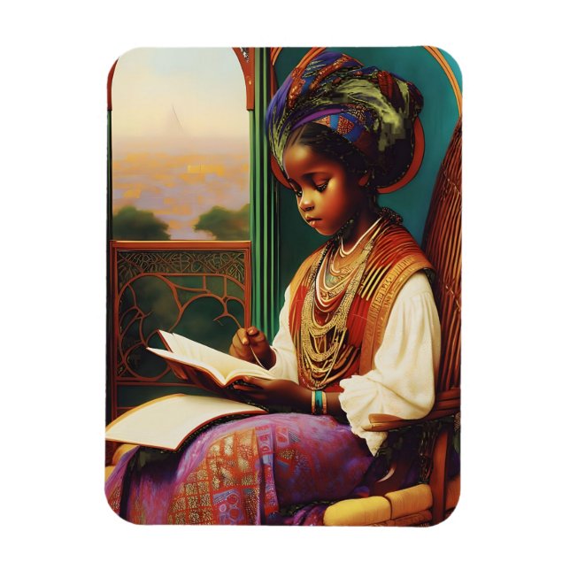 Ímã Art Nouveau Livro de leitura de menina afro-americ (Vertical)