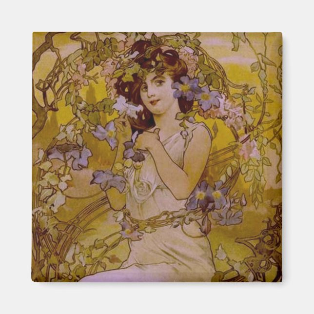 Imã Art Nouveau Mulher com Clematis (Frente)