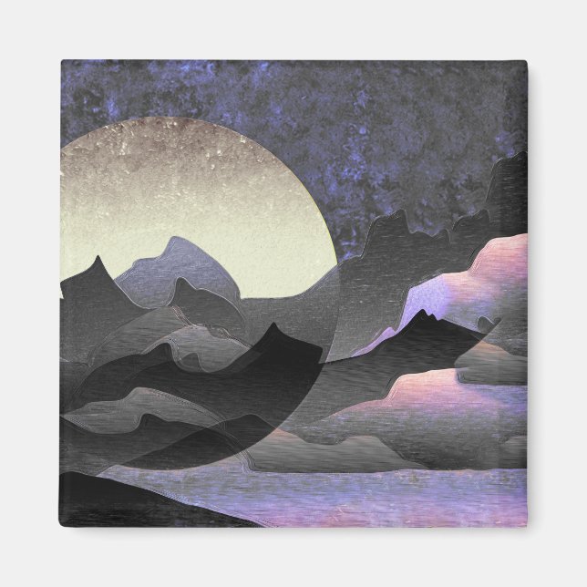 Imã Arte Abstrata Caprichosa da Lua e Montanhas (Frente)