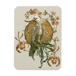 Ímã Arte Antiga Modernista, Papagaio Cacatua, Flores d