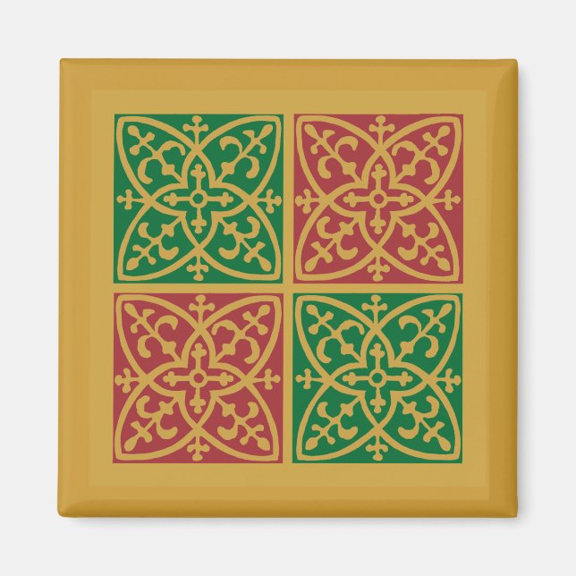 Imã Arte Azulejo Vermelha e Verde sobre Padrão Dourado (Frente)