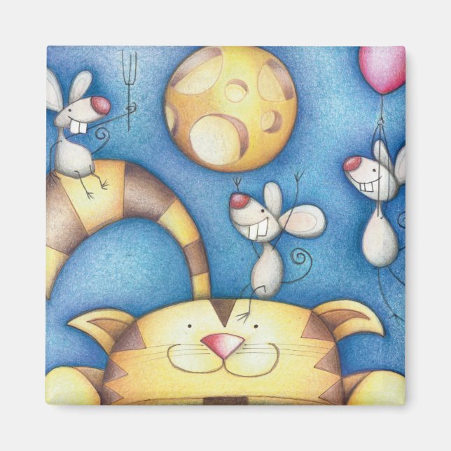 Imã Arte Caprichosa de Gato e Rato na Lua Fofa (Frente)