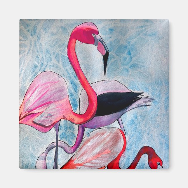 Imã Arte colorida rosa colorido flamingo aquarela (Frente)