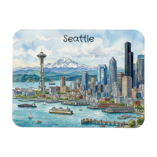 Ímã Arte de aquarela da silhueta de Seattle Washington