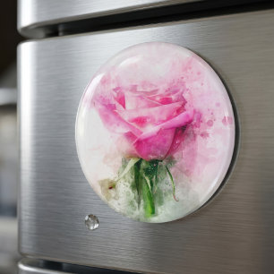 Imã Arte de Aquarela de Rosa Rosa em Fundo Branco