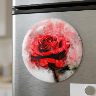 Imã Arte de Aquarela de Rosa Vermelha em Fundo Branco