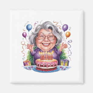 Imã Arte de Bolo de Aniversário de Senhora Idosa Anima