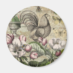 Imã Arte de Colagem de Jardim com Galo Vintage: País F