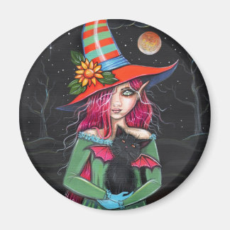 Imã Arte de Halloween da Bruxa das Asinhas e Gato Alad