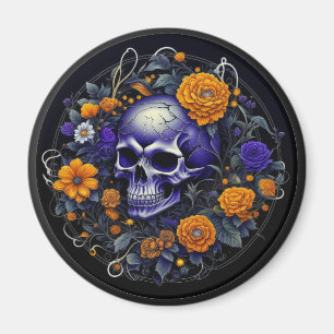 Imã Arte de IA de crânio personalizado e flores laranj
