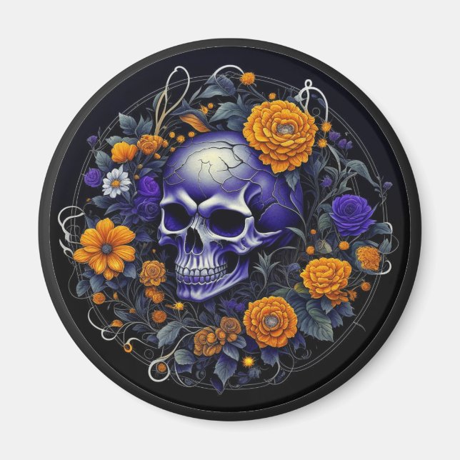 Imã Arte de IA de crânio personalizado e flores laranj (Frente)