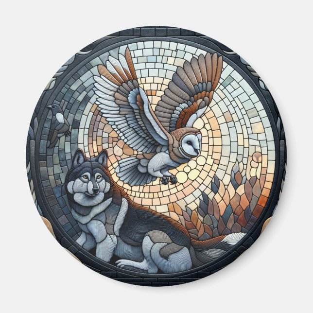 Imã Arte de IA de Mosaico de Coruja e Lobo  (Frente)