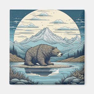 Imã Arte de IA de Urso, Montanhas, Lago, Lua Cheia