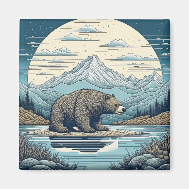 Imã Arte de IA de Urso, Montanhas, Lago, Lua Cheia (Frente)