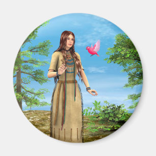 Imã Arte de Mulher Indígena Americana Floresta Pássaro