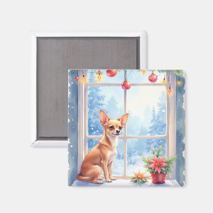 Imã Arte de Natal com Chihuahua na Janela Nevada