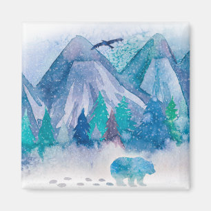 Imã Arte de paisagem montanhosa de inverno em aquarela