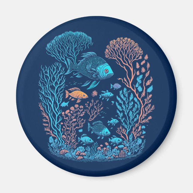 Imã Arte De Recife De Peixes E Corais (Frente)