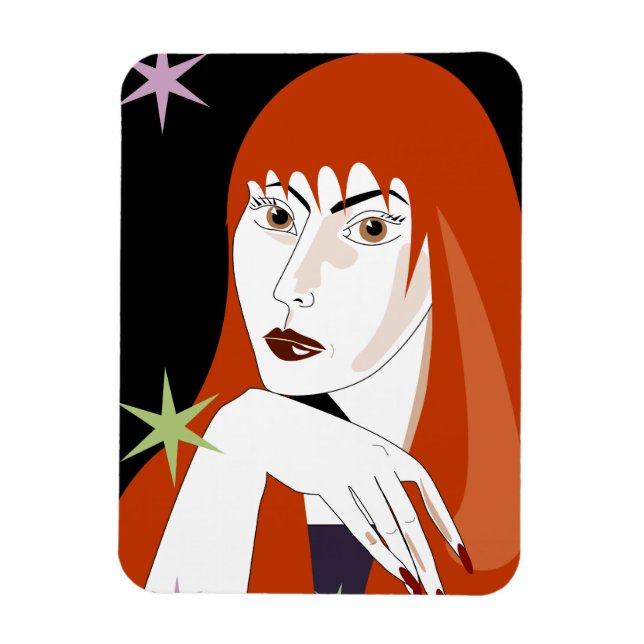 Ímã Arte de retrato de mulher ruiva retrô de moda (Vertical)