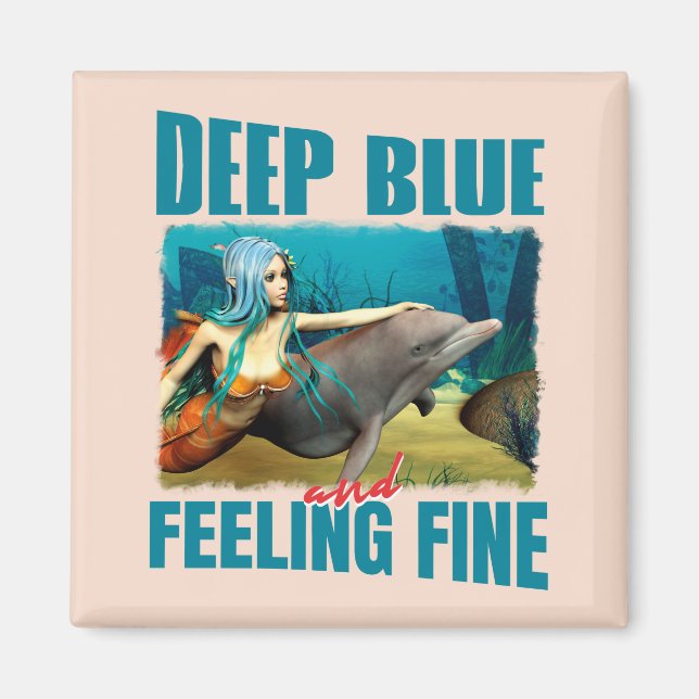 Imã Arte de Sereia de Golfinho Azul Profundo e Sentind (Frente)