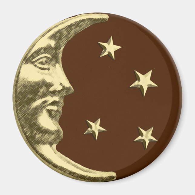 Imã Arte Deco Lua e Estrelas - Castanho e Dourado (Frente)