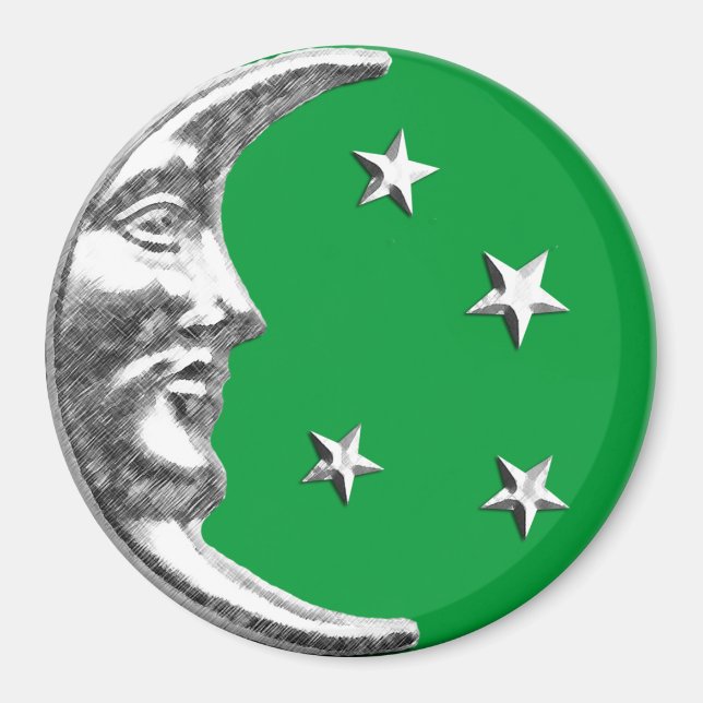 Imã Arte Deco Lua e Estrelas - Jade Green e Silver (Frente)