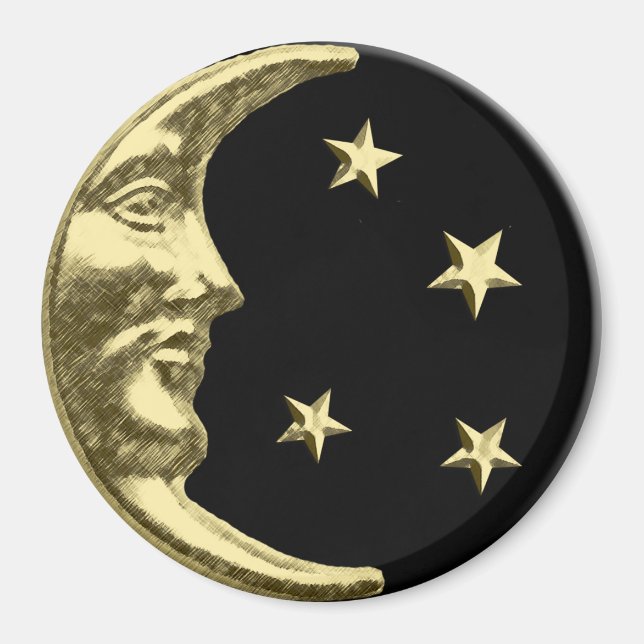 Imã Arte Deco Moon e Estrelas - Preto e Dourado (Frente)