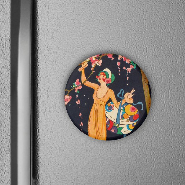 Imã Arte Deco Picando Flores (Lady picking pretty pink cherry blossoms from tree on black frig magnet.)