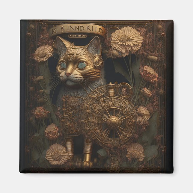 Imã Arte Digital Gótico de Gato Steampunk (Frente)