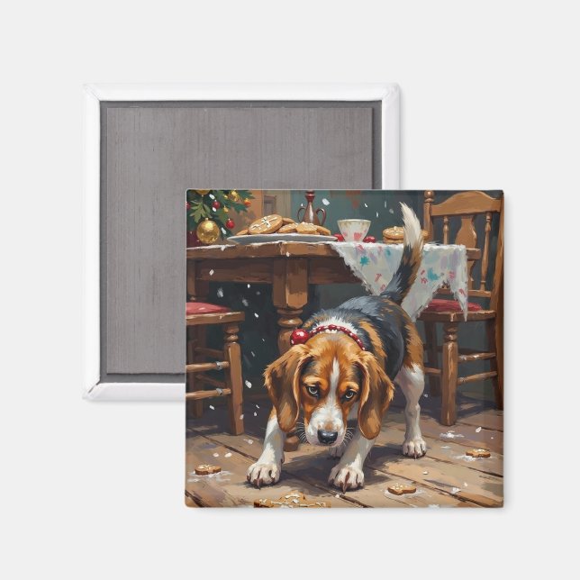 Imã Arte Divertida de Natal com Beagle Rastreando Bisc (Front/Back)