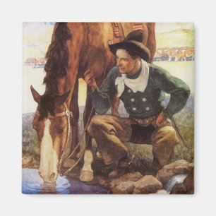 Imã Arte do vintage, vaqueiro que molha seu cavalo por