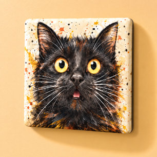 Imã Arte em aquarela de gato preto surpreso engraçado