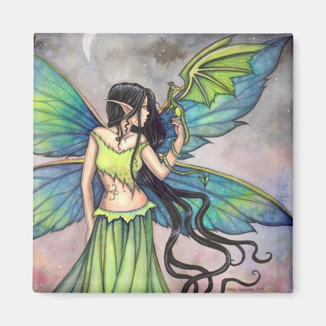 Imã Arte Fantástica de Dragão Verde e Fada (Frente)