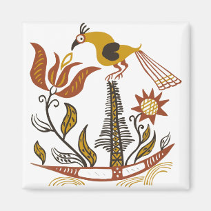 Imã Arte Folclórica Americana Vintage Tulipa Pássaro C