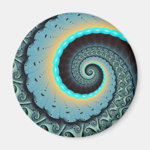 Imã Arte fractal espiral abstrata azul-turquesa laranj