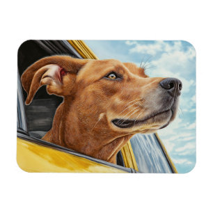 Ímã Arte Impressa de Cachorro Feliz em Carro Amarelo