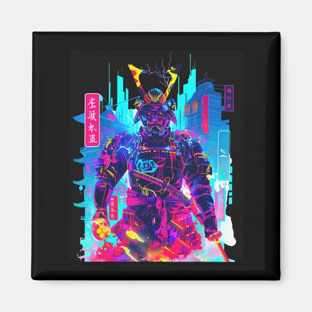 Imã Arte japonesa de samurai neon cyberpunk (Frente)