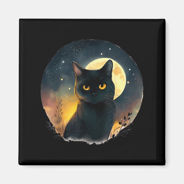Imã Arte Legal Gráfico Gato Preto Com Lua (Frente)