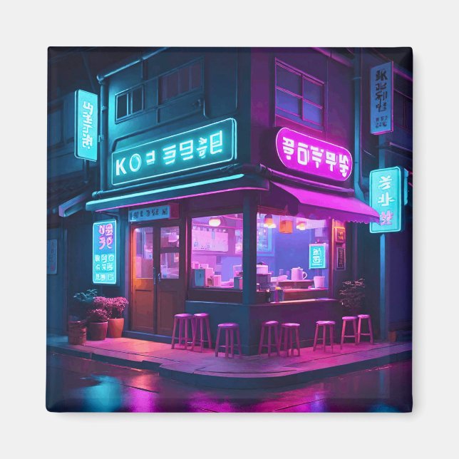 Imã Arte LoFi do Café Neon Coreano (Frente)