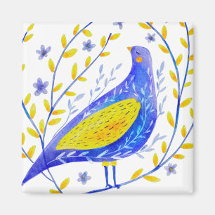 Imã Arte Moderna de Pássaro Azul e Amarelo em Aquarela