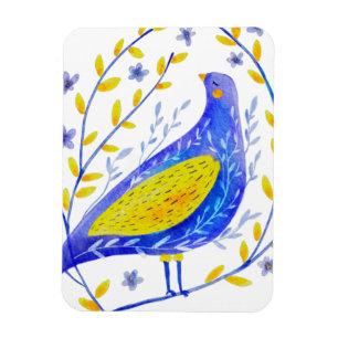 Ímã Arte Moderna de Pássaro Azul e Amarelo em Aquarela