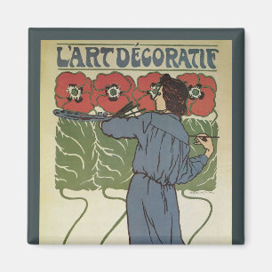 Imã Arte Nova Antiga, Artista Pintando Flores de Papou