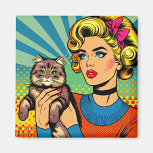 Imã Arte Pop Comic Cartoon Mulheres Segurando Gato