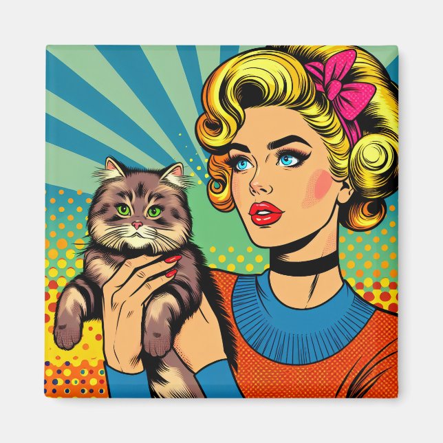 Imã Arte Pop Comic Cartoon Mulheres Segurando Gato (Frente)