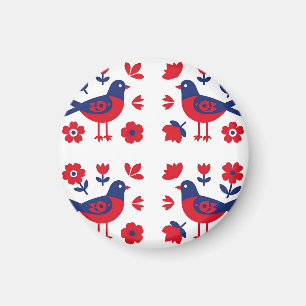 Imã Arte Popular Padrão Floral Pássaro Azul Vermelho