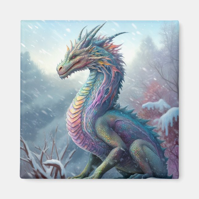 Imã Arte Rainbow Dragon Na Fantasia Da Neve (Frente)