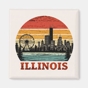 Imã Arte Retro Ilinios Paisagem Urbana de Chicago Pôr 