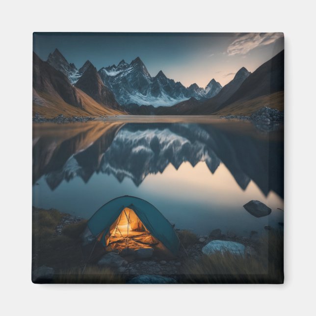 Imã Arte Temática de Acampamento com Tenda, Montanhas  (Frente)