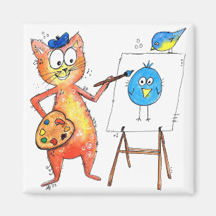 Imã Artista Whimsic Cat pintando um pássaro